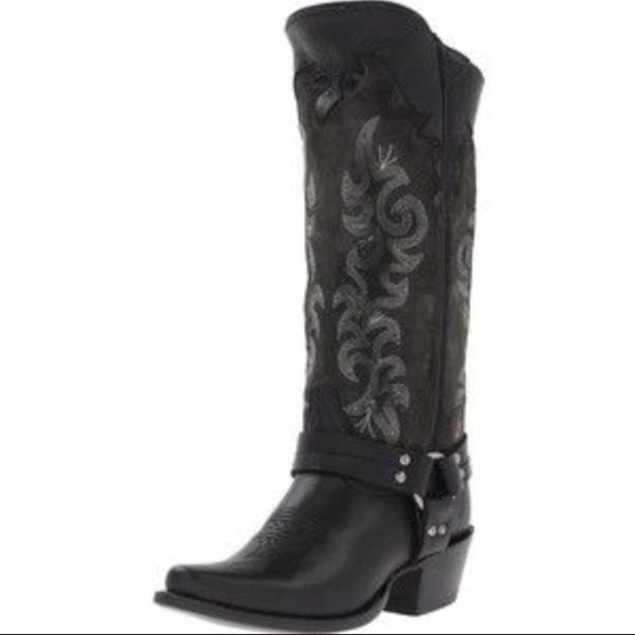 FRYE Boots LILY HARNESS Leather Suede Black Gray Embroidered Heeled Size 7.5 - Picture 1 of 12